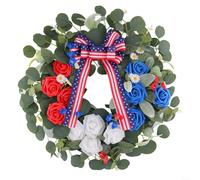 Advokingtap Ghirlanda floreale artificiale da 50,8 cm, colore rosso, bianco e blu, con foglie di eucalipto e fiocco a stelle e strisce, decorazione patriottica per porta o parete