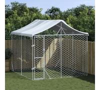 ADWOA Cuccia Cani da Esterno Tetto Argento 3x3x2,5 m Acciaio Zincato,Recinto per Cani da Giardino, Gabbia per Conigli, Recinto per Animali Domestici, Gatti, Cuccioli, Porte con Chiavistello e Parasole