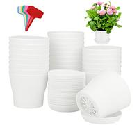 ADXCO Confezione da 24 vasi per piante in plastica da 10,2 cm con piattini, vasi per fiori bianchi, vasi per vivaio e 24 etichette per piante da interno ed esterni, contenitori da giardinaggio, colore