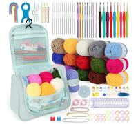 Aeeque 102 pezzi Kit uncinetto principiante completo adulto, 12 pezzi 0,6-1,9 mm Ago a gancio per pizzo, 9 ganci ergonomici, 15 gomitoli di lana per uncinetto a maglia, uncinetto kit(Sac blu chiaro)