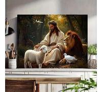 AEFOUU Gesù nella foresta con il leone, l'agnello e la colomba - Poster e stampe su tela - Quadro da parete - Decorazione per la casa (20x35cm/8x14 pollici/Cornice interna)