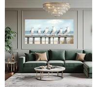 AEFOUU Quadro da parete con sei gabbiani appollaiati su un paesaggio costiero in legno - Poster e stampe su tela - Decorazione murale per la casa (70x120cm/28x47 pollici/Cornice interna)