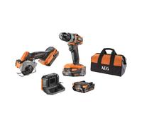 AEG - Duo Brushless: Trapano a Percussione e Mini Sega Multi-Materiale Subcompact 18V, 2 Batterie 2,0 Ah, Caricabatterie, Borsa - JP18A2SBL-202B