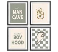 AEHIE Little Man Cave, poster retrò a scacchi con fulmini e simbolo della pace, stampa per ragazzi e adolescenti, decorazione da parete senza cornice, 4 pezzi, 20,3 x 25,4 cm, regalo per ragazzi