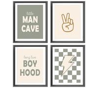 AEHIE Little Man Cave, poster retrò a scacchi con fulmini e simbolo della pace, stampa per ragazzi e adolescenti, decorazione da parete senza cornice, 4 pezzi, 20,3 x 25,4 cm, regalo per ragazzi