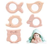 AEIOPRS 5 Pcs Teether in Legno per Bambini Animali in Legno Teether per Bambini Figure in Legno Teether per Bambini Anello di Legno Naturale per Bambini Braccialetto