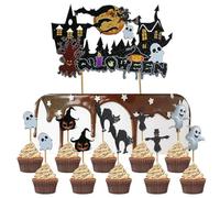AEKZOX 11 PCS Decorazioni per Torte di Halloween, Muffin e Cupcake, Zucca, Castello Spettrale, Gatto Scheletro, per Feste di Halloween e Carnevale