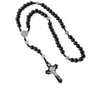 AEKZOX Collana Rosario Cattolico con Perline in Legno e Croce con Incisione di Gesù Cristo, Ideale per Sacramenti, Battesimi, Messe e Letture Bibliche (nero)