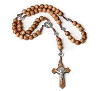 AEKZOX Collana Rosario Cattolico con Perline in Legno e Croce con Incisione di Gesù Cristo, Ideale per Sacramenti Cattolici, Battesimi, Messe e Letture Bibliche. (Marrone Caffè)