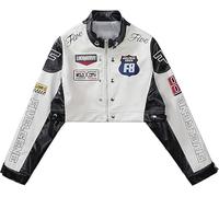 Aelfric Eden Giacca da donna in ecopelle, cropped, stile racing, con cerniera, patchwork, stampa con lettere, giacca da motociclista, hip-hop, Y2K, streetwear, Nero , XL