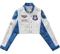 Aelfric Eden Giacca da donna in ecopelle, cropped, stile racing, con cerniera, patchwork, stampa con lettere, giacca da motociclista, hip-hop, Y2K, streetwear, Blu, XS