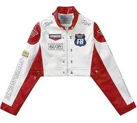 Aelfric Eden Giacca da donna in ecopelle, cropped, stile racing, con cerniera, patchwork, stampa con lettere, giacca da motociclista, hip-hop, Y2K, streetwear, Colore: rosso, M