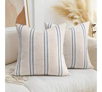 AELS Set di 2 federe decorative per cuscini in lino, 20 x 20 cm, stile bohémien, beige con cuciture bianche e blu navy, per divano, soggiorno (solo fodera)