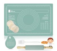 AEMCHDM Set Combinato in Silicone E Tappetino in Silicone, 60x40 cm, Mattarello Tappetino per Impasto + Raschietti + Pennello, Spianatoia Silicone per Pasta, Pizza, Pasticcino (Green)