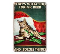 Aenaon Targa in metallo con scritta in inglese "That's What I Do I Drink Beer and I Forget Things Drunk Cat", stile vintage, per bar, cucina, garage, grotta, casa, decorazione divertente, retrò, 20,3