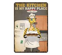 Aenaon Targa in metallo vintage con giraffa Chef The Kitchen is My Happy Place, per casa, cucina, garage, bar, grotta, decorazione rustica, 14 x 20 cm