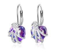 AENEAS Stocking Stuffers - Orecchini pendenti da donna a forma di cuore con rosa, in argento Sterling, con ametista e rosa, con chiusura a monachella, gioielli con fiore, per anniversario, Natale