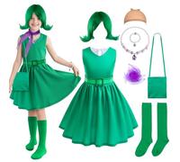 AENEY 9 pezzi disgust disgusto costume per bambini e ragazze, abito da principessa verde con parrucca, sciarpa, collana e calze, festa di Halloween, accessori di scena cosplay (XX-Large, 7-8 anni)