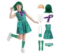 AENEY 9 pezzi disgust disgusto costume per bambini e ragazze, abito da principessa verde con parrucca, sciarpa, collana e calze, festa di Halloween, accessori di scena cosplay (large, 5-6 anni)