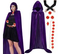 AENEY Costume da cosplay Teen Titans Raven, 7 pezzi, mantello anime con cappuccio e cintura in pietra rossa, guanti lunghi, costume per donne adulte (medio-150 cm)