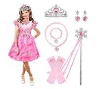 AENEY Costume da Glinda malvagia per bambine, 7 pezzi, vestito da strega con bacchetta Glinda e guanti da fata, per cosplay, feste di Halloween (XS/5-6 anni)