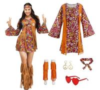 AENEY Costume hippie anni '70 e '60, vestito hippy da discoteca con cerchietto e orecchini, 4 pezzi, vestiti stampati per feste di carnevale (XL)