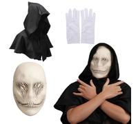 AENEY Maschera spaventosa Slenderman Smile, 3 pezzi, raccapricciante Ghostface Demone Maschera con cappuccio, Horror Halloween Cosplay Props (3 pezzi, maschera, mantello, guanti)