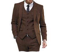 AeoTeokey Abito da uomo vintage 3 pezzi in tweed a spina di pesce per cerimonia smoking blazer con pizzo revers testimoni di nozze, marrone, XXL