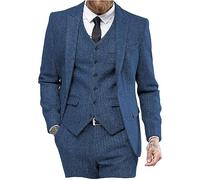 AeoTeokey Abito da uomo vintage 3 pezzi in tweed a spina di pesce per cerimonia smoking blazer con pizzo revers testimone di nozze, Blu, 52