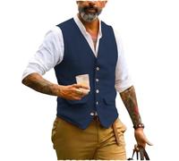 AeoTeokey Gilet estivo da uomo, in lino, con scollo a V, stile vintage, formale, alla moda, vestibilità regolare, Marina Militare, M
