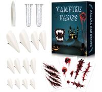 Aerku Set di 12 denti da vampiro, 6 paia di zanne da vampiro in 4 misure, con 2 tubi adesivi a pellet, 3 fogli di tatuaggi di Halloween per cosplay, feste, travestimenti horror