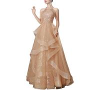 AERTFUYX Abito da donna a balze con paillettes color champagne, elegante, con spalle scoperte, lungo, per feste, serate, principesse, bianco, L
