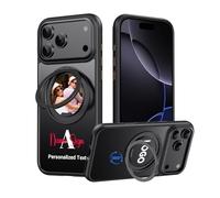 AESTHESTIFY Custodia magnetica personalizzata per iPhone 18 Pro, colore nero, compatibile con MagSafe, logo/immagine e nome, cavalletto girevole a 360°, custodia protettiva antiscivolo di grado