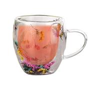 Aesthetic Dried Flowers Cups - 3.94 Inch Glass Tea Coffee Cup | Glass Double Layer Mug - 130g Heat Cold Resistant Elegant Design Perfect for Home Office and Gift Use