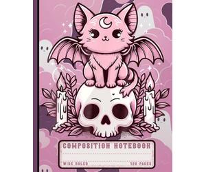Aesthetic Pastel Goth Cat Lined Journal: Wide Ruled Composition Notebook with Kawaii Bat Wing Kitten on Skull, Cute Creepy Gothic Wiccan Writing Book for Girls & Teens