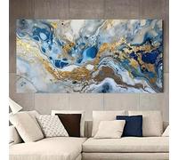 AEXOIO Arte murale su tela in marmo, dipinto con texture blu e oro, arredamento moderno per soggiorno e camera da letto, grande poster 90x185cm/35x73in