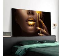 AEXOIO Dipinti su tela di grandi dimensioni raffiguranti donne nere con labbra sexy dorate, quadri moderni da parete per la casa, il soggiorno, senza cornice (100x200 cm/39x79 pollici/senza cornice)