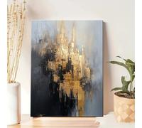 AEXOIO Dipinto ad olio astratto con paesaggio urbano dorato su tela resistente ai raggi UV e toni del nero, beige, bianco, blu e grigio, moderno 70x110cm/28x43in