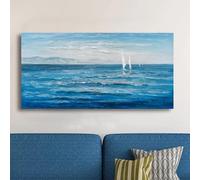 AEXOIO Dipinto ad olio astratto minimalista moderno raffigurante una barca a vela bianca su un mare blu, opera d'arte per soggiorno (60x130 cm/24x51 pollici/senza cornice)