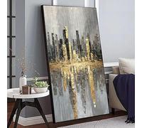 AEXOIO Quadro su tela senza cornice con paesaggio urbano astratto moderno e accenti dorati - Linee verticali nere, bianche e grigie, Canva Wall Art 60x130cm/24x51in