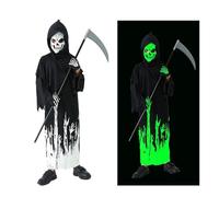 AEYAKA Costume Grim Reaper Bambini Fosforescente, Cappuccio Nero con Maschera Teschio, Guanti, Falce per Ragazzi e Ragazze, Costume Fantasma Spaventoso Cosplay Halloween Regali L