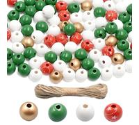Aezzybe 100PCS Perline Legno Natale 16 mm, Perline Legno naturali con 10m corda juta, Set Creativo Natale per decorazioni natalizie fai-da-te, lavori manuali e ornamenti
