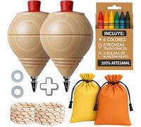 AF® - Trottola in legno, set 2 pezzi per bambini + 6 pastelli colorati per bambini, personalizza il tuo tropo in legno tradizionale con punta a penna | dettaglio studenti fine corso