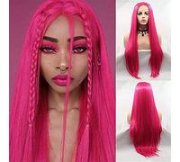 AFBeauty Parrucca anteriore in pizzo rosso rosa per le donne parrucca lunga diritta rosa rosa naturale parte centrale parrucca sintetica resistente al calore trucco quotidiano parrucche morbide 24