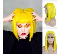 AFBeauty Parrucca corta a caschetto con riga centrale giallo limone per donne parrucca gialla fluorescente colore brillante parrucche in pizzo dritto naturale Cosplay Festival Carnevale discoteca