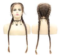 AFbeauty - Parrucca da donna, 76 cm, con doppia treccia sintetica, realizzata a mano, colore: marrone scuro, leggera, con pizzo frontale svizzero