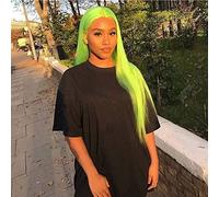 AFBeauty Parrucca da donna in pizzo verde fluorescente con attaccatura centrale sintetica lunga e liscia verde fluo con attaccatura dei capelli naturale resistente al calore, trucco quotidiano