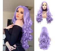 AFBeauty Parrucca da donna viola frontale in pizzo naturale alla moda lilla fibra resistente al calore con riga centrale capelli lunghi ondulati ricci 61 cm festa di Halloween