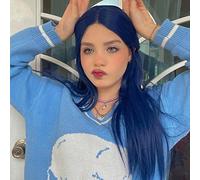 AFBeauty Parrucca frontale in pizzo blu scuro lunga e liscia con riga centrale parrucca sintetica naturale attaccatura dei capelli parrucca morbida in fibra resistente al calore parrucca per cosplay