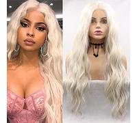 AFBeauty Parrucca frontale in pizzo da 66 cm, bianco platino, parrucche ricce profonde per donne, parrucca sintetica bianca bionda con riga centrale senza colla, parrucca di ricambio in fibra